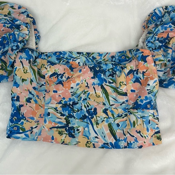 Abercrombie & Fitch Floral Crop Top Puff Sleeve Shirt Blue Pink medium blouse - Picture 2 of 13